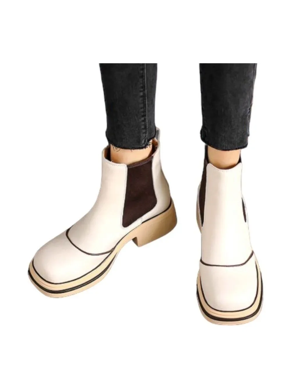 YOUTHJUNE Rice White Contrast Leather Bootie - Women